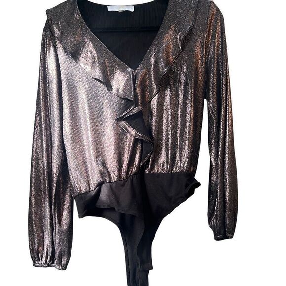 Tops - Melograno Rico Women's Silver V-neck Ruffle Long Sleeves Bodysuit Size Medium